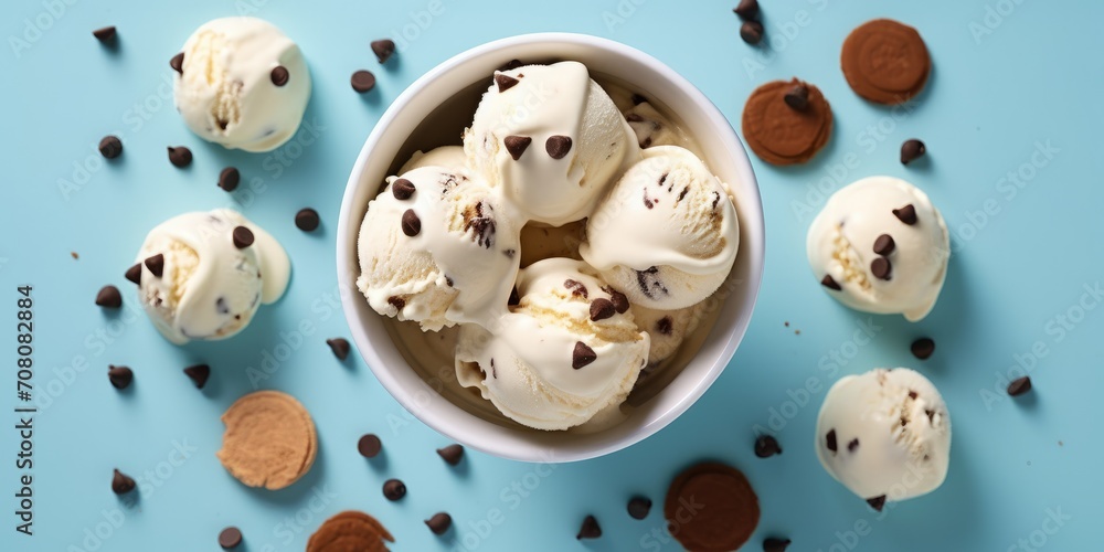 Obraz premium Glass bowl with scoops of ice cream, studded with chocolate pieces and interspersed with cookies, on a smooth blue background, Concept: summer sweet dessert. Banner with copy space