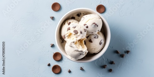 Glass bowl with scoops of ice cream, studded with chocolate pieces and interspersed with cookies, on a smooth blue background, Concept: summer sweet dessert. Banner with copy space photo