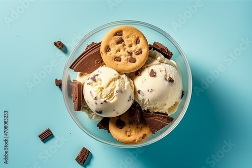 Glass bowl with scoops of ice cream, studded with chocolate pieces and interspersed with cookies, on a smooth blue background, Concept: summer sweet dessert. Banner with copy space photo