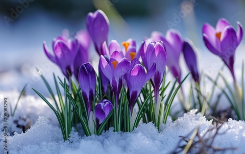  Purple crocuses growing through the snow in early spring