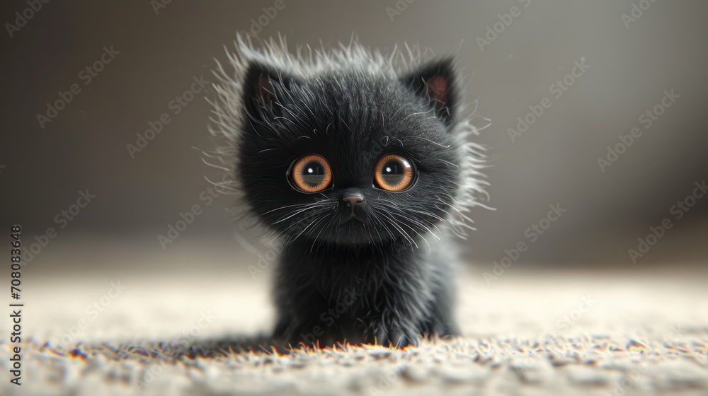 Fototapeta premium Cute fluffy black kitten. Looks at the camera. 3d rendering
