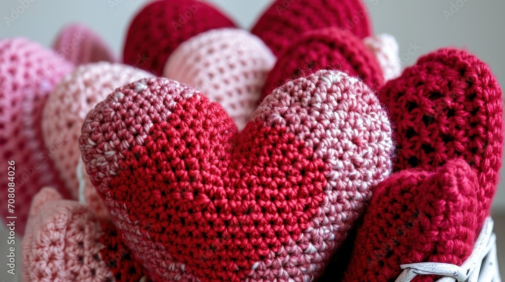 Knitted hearts pillows in basket for Valentine's Day