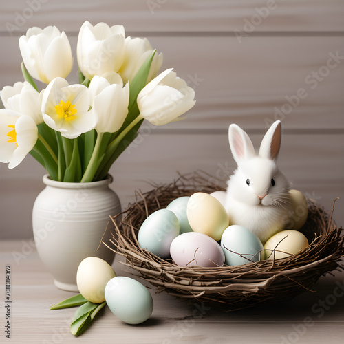 Easter still life containing a wicker basket with painted eggs in pastel colors and a white bunny rabbit and a vase with white tulips on wooden background. AI generated image © KatuSka