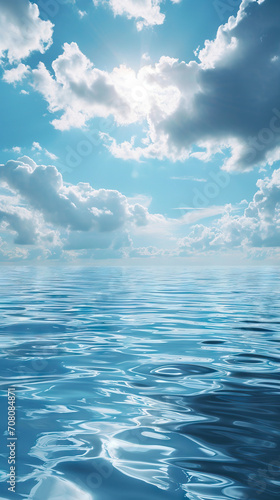 Azure Dreams: A Tranquil Blue Background with Wispy Clouds and Reflective Waters