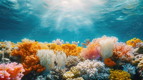 Marine Ecosystem, Coral Reefs Affected by Microplastics, Underwater Shot, Serene, Natural Underwater Light, Vibrant Corals