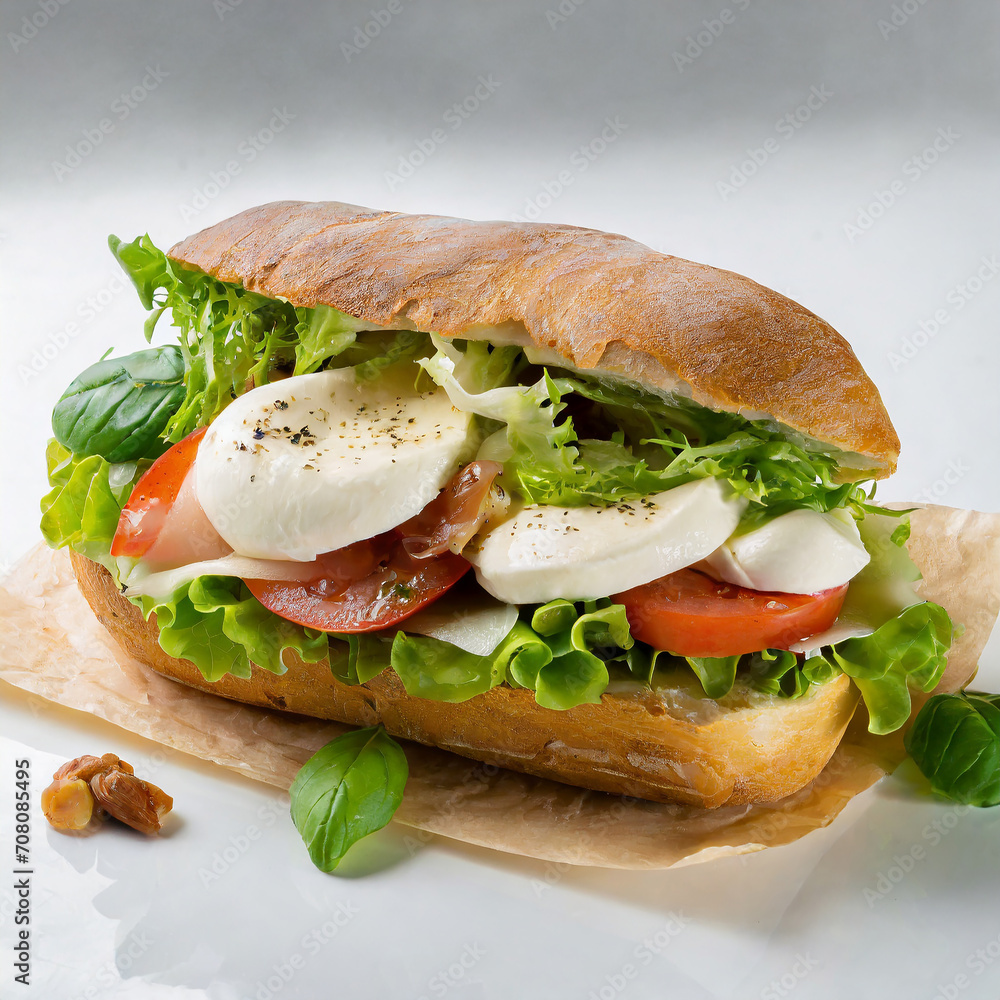 Un panino tradizionale italiano con prosciutto crudo, mozzarella e insalata, su sfondo bianco Un panino tradizionale italiano con prosciutto crudo, mozzarella e insalata, su sfondo bianco