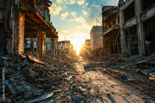 Sun Setting Over Destroyed Street in Rocket-Attacked City