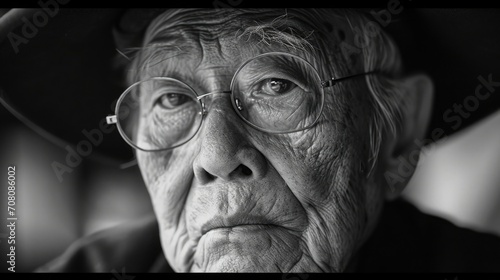 portrait of elderly Korean war veteran reminiscing on independence movement day, close-up shot, black and white monochrome photo