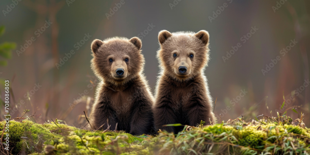 Twin Cubs in Twilight: Calm Moment in the Wild Amongst Soft Moss and Dim Light Twin Cubs in Twilight: Calm Moment in the Wild Amongst Soft Moss and Dim Light
