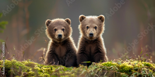 Twin Cubs in Twilight: Calm Moment in the Wild Amongst Soft Moss and Dim Light
