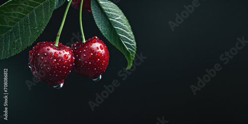 Crimson Delight: Raindrops on Cherries Against a Dark, Mysterious Background photo