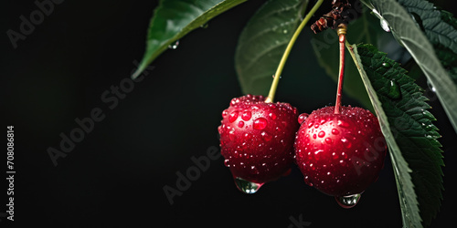 Dew-Kissed Cherries: Fresh Berries on a Branch with Glistening Water Droplets photo