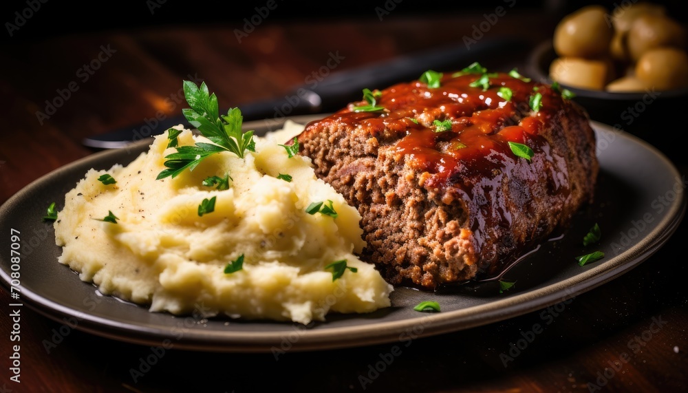 Plate With Mashed Potatoes and Meatloaf, Hearty and Delicious Comfort Food Plate With Mashed Potatoes and Meatloaf, Hearty and Delicious Comfort Food