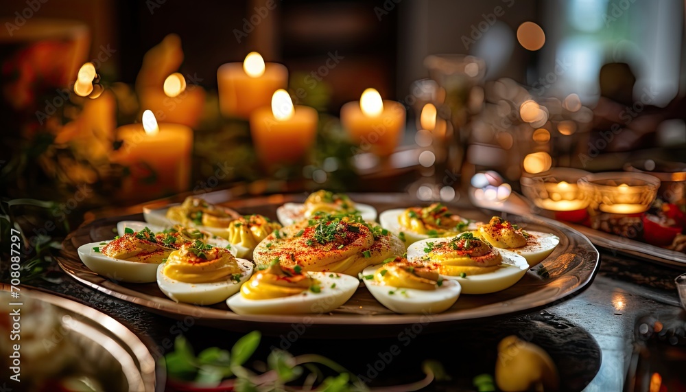 Deviled Eggs on Table With Candles, A Delightful Appetizer Display