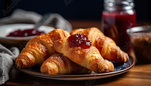 Freshly Baked Croissants on a Plate With Jam on the Side photo