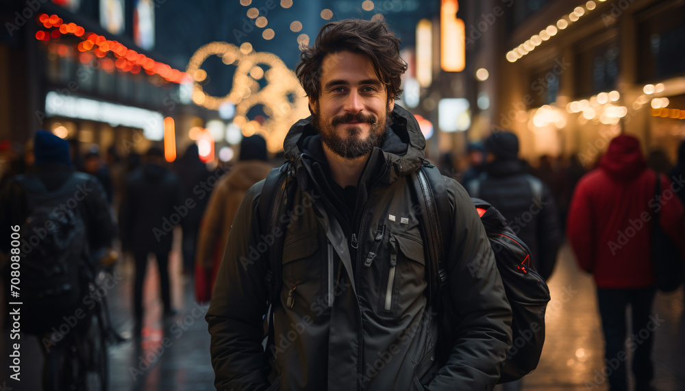 A cheerful man walking in the winter night, illuminated by street lights generated by AI A cheerful man walking in the winter night, illuminated by street lights generated by AI