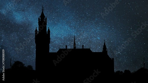 Peace Palace, International Court of Justice, Time Lapse by Night with Stars and Milky Way in Background photo