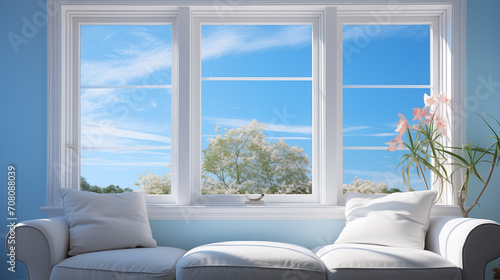 View of clean blue sky through the window, concept of calm atmosphere