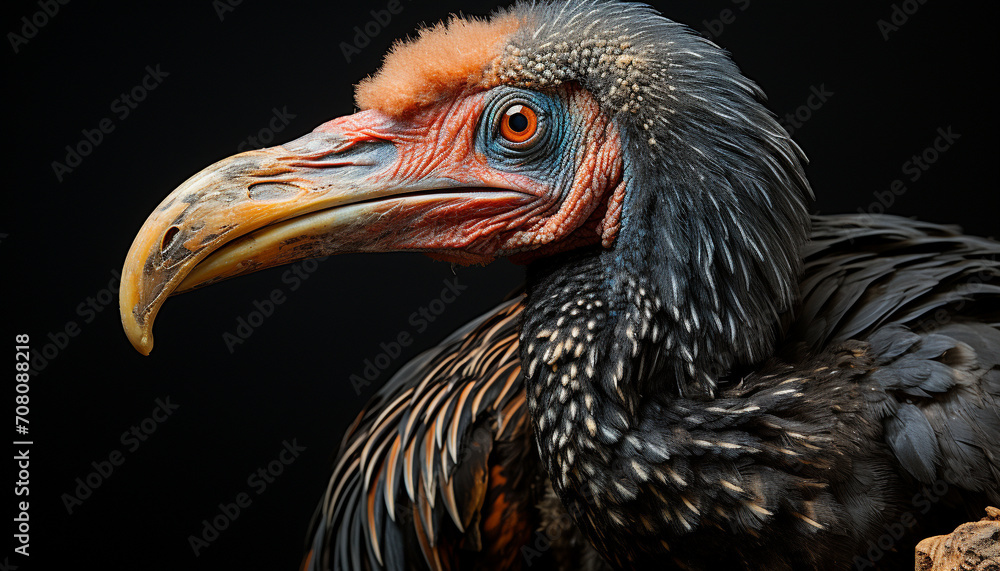 Majestic bird of prey, close up portrait, black background, generated by AI
