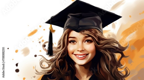 illustration of young girl wearing a graduation cap smiling happily