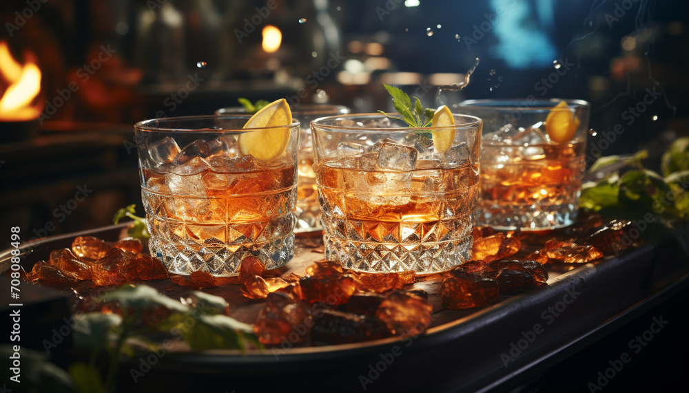Refreshing cocktail on a wooden bar counter, ice melting slowly generated by AI Refreshing cocktail on a wooden bar counter, ice melting slowly generated by AI