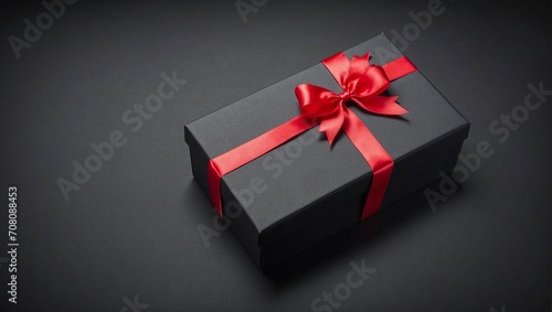 Black gift box with red ribbon standing isolated on black background, top view, copy space, Valentine's Day, Mother's Day, Women's Day