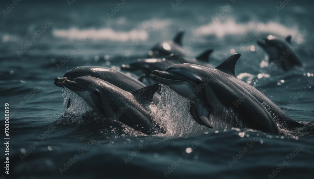 Fototapeta premium Playful dolphins swimming in the blue water, enjoying the summer generated by AI