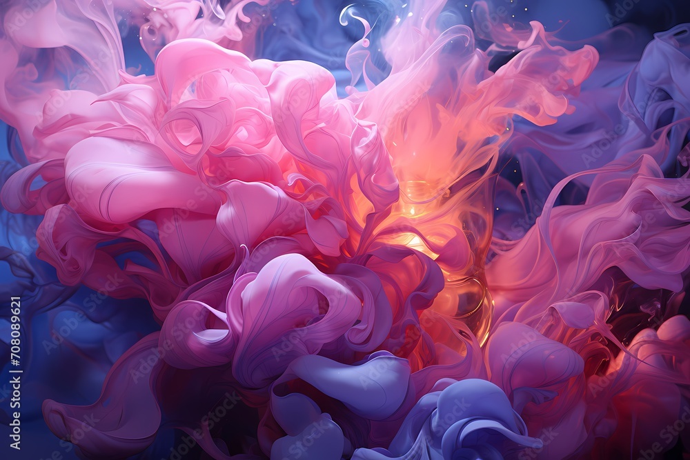 Electric pink and deep indigo liquids converging in a surreal symphony.
