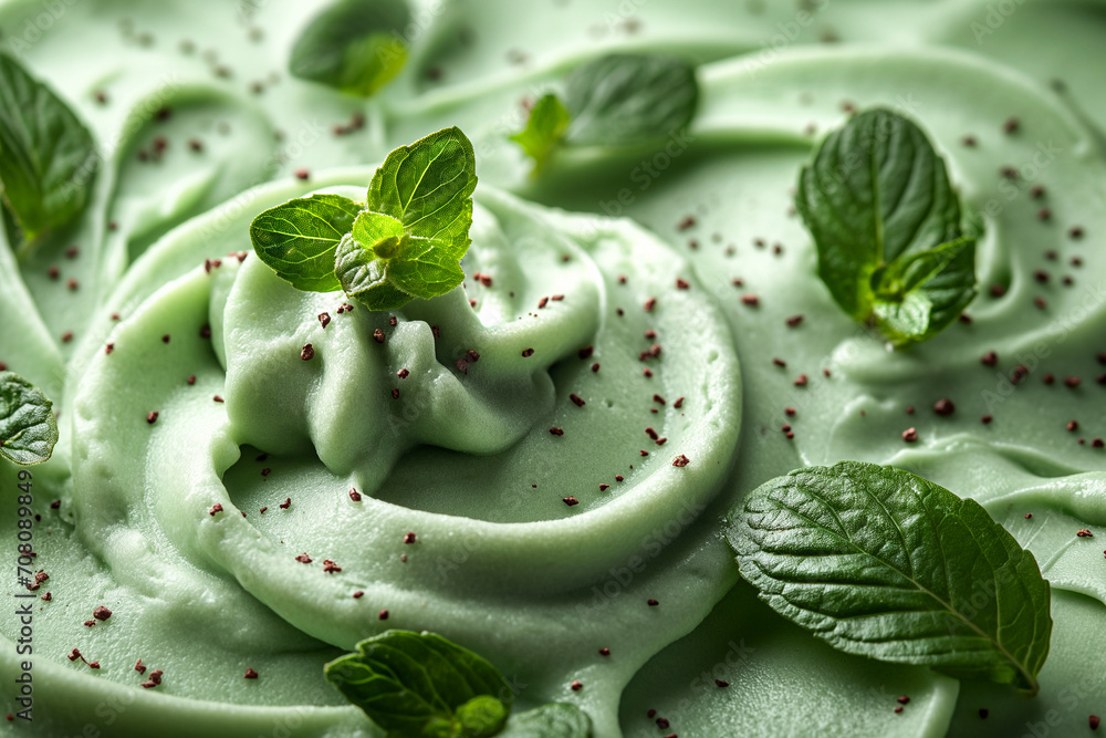 tasty fruit yoghurt ice cream with mint, close up texture tasty fruit yoghurt ice cream with mint, close up texture