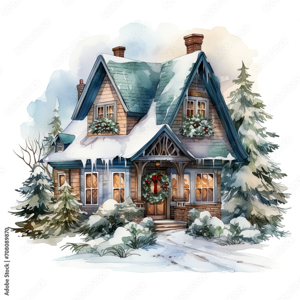 Watercolor Christmas house clipart