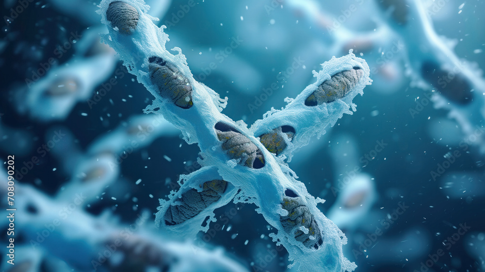 Chromosomes floating on blue background, science and technology.
