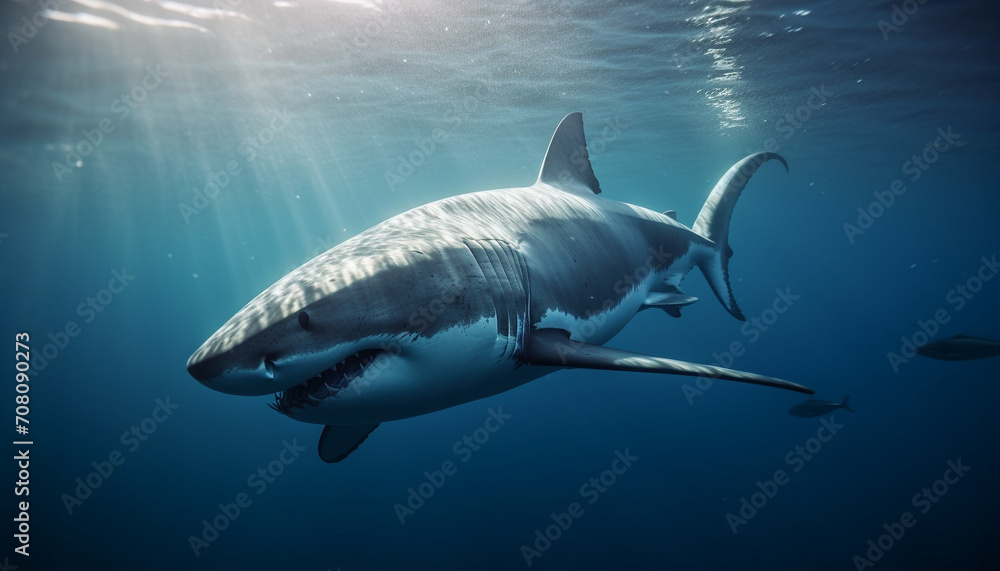 Fototapeta premium Majestic underwater adventure large fish, danger, scuba diving, natural beauty generated by AI