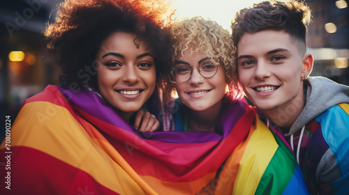 Portrait of Three Friends With A Large Rainbow Flag Behind Them