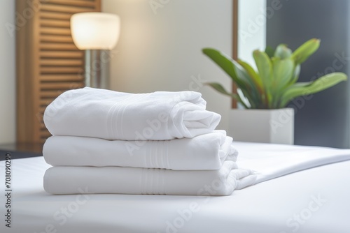 White clean towels on a bed with white linens in a hotel room. Hotel service concept © Tetyana