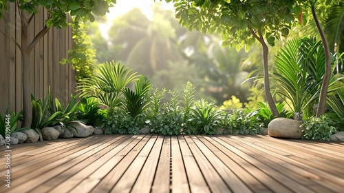 Wooden decking and plant garden decorative with lighting effect. photo