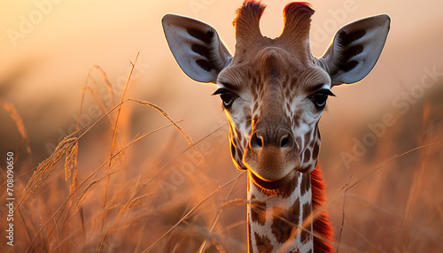 Cute giraffe grazing on green meadow at sunset generated by AI