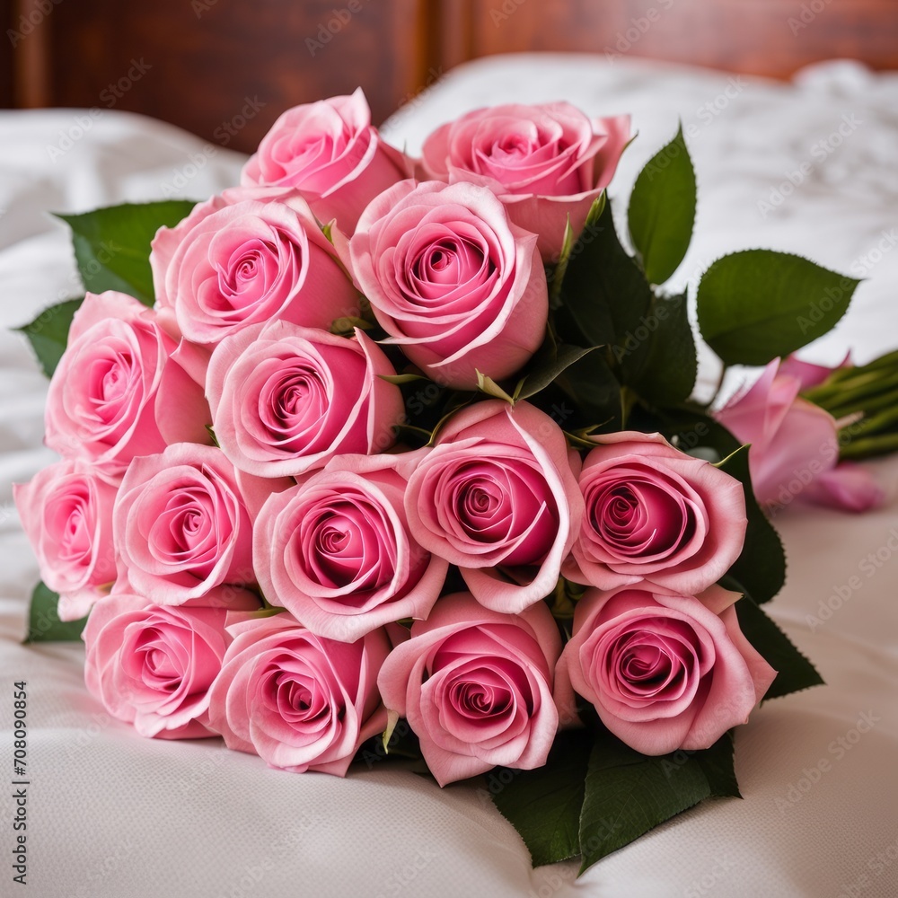 Obraz premium Bouquet of Pink roses on the bed in a hotel room for honeymoon. romantic meeting of guests at the hotel