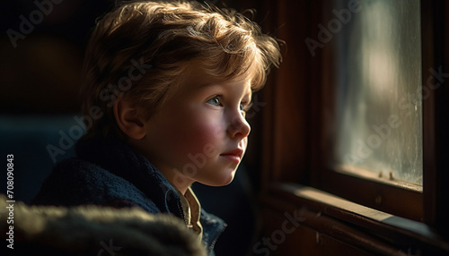 A cute blond boy looking through window, contemplating nature beauty generated by AI