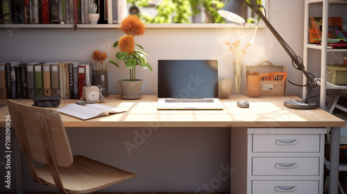A Desk With A Laptop, Desk Lamp and Books