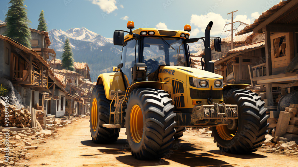 A Yellow Tractor Arrived At Construction Site In The Village