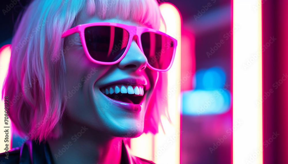 Smiling young woman in sunglasses enjoys nightclub generated by AI Smiling young woman in sunglasses enjoys nightclub generated by AI
