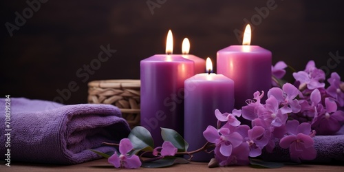 Zen spa arrangement of purple rolled towels  and purple flowers and lit candles. Purple spa arrangement  beauty and relaxation concepts.