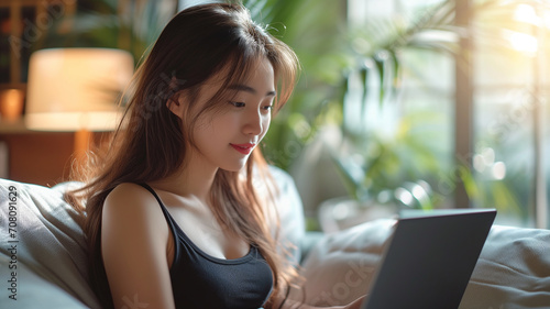 Woman working on laptop on sofa in tank top, work from home concept Free Download Woman working on laptop on sofa in tank top, work from home concept - GFXLoad