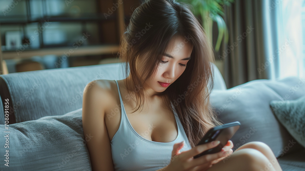 Asian woman using smart phone on sofa in white tank top Asian woman using smart phone on sofa in white tank top