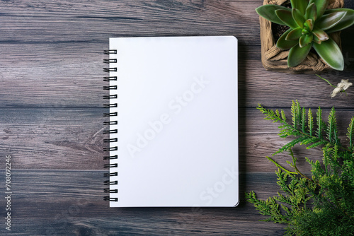 Spiral Notebook with White Pages and Green Plants on Wooden Texture photo