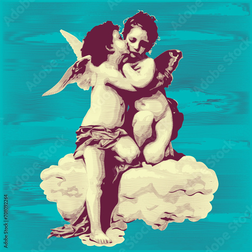 kiss of cupid. Cupid and angel. Vector illustration of a childs kiss, engraving texture, vintage style