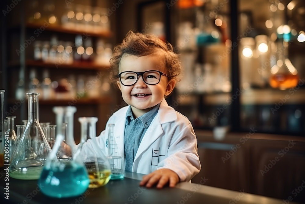 A little boy in special clothes in a laboratory conducts experiments with liquids in glass flasks. The profession of a chemical scientist