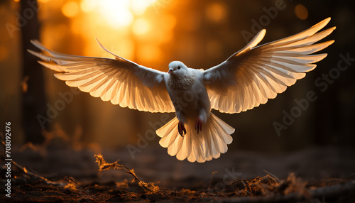 Pigeon soaring, symbol of peace, in tranquil autumn sunset generated by AI © Stockgiu