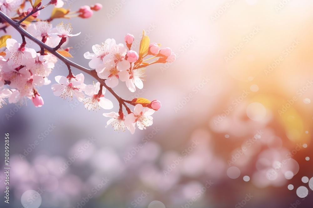 Blossoming trees in spring, a branch of Japanese cherry with pink flowers