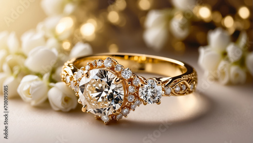 Beautiful gold ring with diamond, flowers pattern